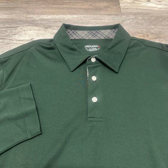 Untuckit Pine Green Mens XL Blank 3-Button Placket Casual Long Sleeve Polo Shirt - Picture 1 of 8